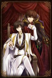 Rule 34 | 00s, 2boys, black border, black cape, boots, border, brown hair, buttons, cape, closed mouth, code geass, collarbone, crossed legs, curtains, expressionless, gloves, green eyes, hair between eyes, hand up, head tilt, highres, holding hands, indoors, jyuru, knee boots, kururugi suzaku, lelouch vi britannia, long sleeves, looking at viewer, male focus, multiple boys, purple eyes, sitting, sleeves past wrists, smile, standing, throne, uniform, white footwear, white gloves