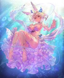 Rule 34 | 1girl, air bubble, ass, barefoot, blonde hair, blue eyes, blush, breasts, bubble, choker, cleavage, closed mouth, collarbone, commentary request, full body, hair ornament, hairclip, highres, large breasts, looking at viewer, original, overskirt, shiny skin, short hair, simple background, smile, solo, submerged, takamine nadare, thigh strap, water