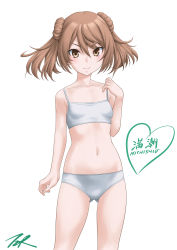 Rule 34 | 1girl, belt, bra, breasts, brown eyes, character name, cowboy shot, double bun, hair bun, highres, kantai collection, light brown hair, looking at viewer, michishio (kancolle), navel, panties, short twintails, simple background, small breasts, solo, t2r, twintails, underwear, underwear only, white background, white bra, white panties
