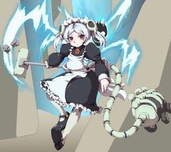 Rule 34 | 1girl, :|, apron, black dress, black footwear, bloody marie (skullgirls), bone, brooch, closed mouth, crown495, dress, hair ornament, highres, holding, jewelry, lightning, long sleeves, looking at viewer, maid apron, maid headdress, mary janes, medium hair, pantyhose, puffy sleeves, red eyes, shoes, simple background, skull, skull hair ornament, skull heart, skullgirls, sleeve cuffs, smoke, solo, sparks, twintails, v-shaped eyebrows, vacuum cleaner, white pantyhose