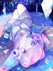 Rule 34 | 1girl, blue background, blue eyes, cellphone, closed mouth, commentary request, double bun, full body, glass shards, hair bun, headphones, heart, highres, holding, holding phone, kiato, knees up, long sleeves, looking at viewer, lying, on back, phone, pink hair, pixel heart, pleated skirt, purple skirt, robotic girl (yunomi), shirt, short hair, skirt, smartphone, solo, upside-down