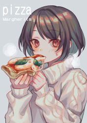 Rule 34 | 1girl, aran sweater, black hair, blush, cable knit, cheese, eating, food, grey background, highres, holding, holding food, looking at viewer, original, pizza, pizza slice, red eyes, short hair, simple background, sleeves past wrists, solo, steam, suzaku (zaku6584), sweat, sweater, turtleneck, turtleneck sweater, white sweater