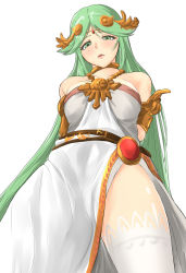 Rule 34 | 1girl, ancient greek clothes, armlet, bare shoulders, breasts, chiton, dress, gold, green hair, highres, impossible clothes, jewelry, kid icarus, kid icarus uprising, large breasts, long hair, neck ring, necklace, nintendo, palutena, parted bangs, pendant, side slit, single thighhigh, solo, strapless, strapless dress, thighhighs, underbust, vambraces, very long hair, white dress, zib (boriku)
