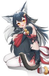 Rule 34 | 1girl, :d, absurdres, animal ear fluff, animal ears, bare shoulders, bell, black hair, black skirt, black sleeves, blush, colored inner hair, cropped shirt, detached sleeves, extra tails, fang, flipped hair, hair between eyes, hair ornament, hairclip, highres, hololive, hugging own tail, hugging tail, jingle bell, long hair, looking at viewer, midriff, miniskirt, multicolored hair, neko lu (wofud453), ookami mio, ookami mio (1st costume), open mouth, orange eyes, pleated skirt, red hair, sailor collar, sailor shirt, seiza, shirt, sitting, skirt, sleeveless, smile, solo, streaked hair, tail, tail wrap, thighhighs, very long hair, virtual youtuber, white thighhighs, wolf ears, wolf girl, yellow eyes