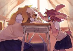 Rule 34 | 2girls, absurdres, animal ears, azuki pan, backlighting, blue eyes, blue skirt, body fur, brown hair, classroom, curtains, desk, dog ears, female focus, from side, furry, furry female, hair ornament, hair over eyes, highres, huge filesize, multicolored hair, multiple girls, open mouth, original, playing with another&#039;s hair, pleated skirt, rabbit ears, rabbit tail, school desk, school uniform, shirt, sitting, skirt, star (symbol), star hair ornament, sweater vest, two-tone hair, white hair, white shirt, window