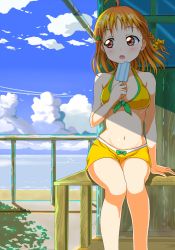 Rule 34 | 10s, 1girl, ahoge, bench, bikini, bikini shorts, bow, braid, breasts, clover hair ornament, food, front-tie bikini top, front-tie top, hair bow, hair ornament, legs together, looking to the side, love live!, love live! sunshine!!, navel, open mouth, orange hair, popsicle, qy73, railing, red eyes, shade, short hair, shorts, side braid, sitting, solo, swimsuit, takami chika, yellow bow