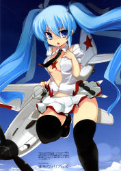 Rule 34 | 1girl, absurdres, black thighhighs, blue eyes, blue hair, blue sky, boots, breasts, cleavage, day, hand on own chest, highres, long hair, mamo williams, matching hair/eyes, mc axis, mecha musume, mig-3, navel, open clothes, open mouth, open shirt, original, personification, propeller, scan, shirt, skirt, sky, solo, soviet, thigh boots, thighhighs, very long hair