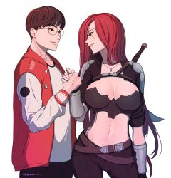 Rule 34 | 1boy, 1girl, belt, breasts, commentary, dagger, faker (gamer), fila, glasses, holding hands, hetero, jacket, katarina (league of legends), knife, league of legends, razer, real life, red hair, scar, t1 (esports), smile, tattoo, weapon, 낑두