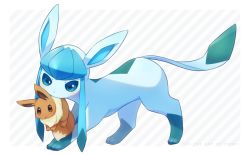 Rule 34 | :o, alopias, blue eyes, blush, carrying, commentary request, creatures (company), eevee, game freak, gen 1 pokemon, gen 4 pokemon, glaceon, mouth hold, nintendo, no humans, pokemon, pokemon (creature), standing, striped, striped background, toes