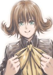 Rule 34 | 1girl, brown hair, closed mouth, final fantasy, final fantasy viii, flipped hair, green eyes, hands up, looking at viewer, lowres, school uniform, selphie tilmitt, short hair, simple background, smile, solo, white background, yokutsuki noa