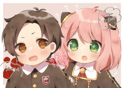 Rule 34 | 1boy, 1girl, :o, ?, ahoge, antenna hair, anya (spy x family), artist name, black dress, black jacket, blush, border, brooch, brown background, brown eyes, brown hair, buttons, collared shirt, commentary request, damian desmond, dress, eden academy school uniform, flower, gold trim, green eyes, hair between eyes, hairpods, hand on another&#039;s arm, highres, jacket, jewelry, ligh xi, long sleeves, looking at another, medium hair, neck ribbon, open mouth, outside border, parted bangs, pink hair, red flower, red ribbon, red rose, ribbon, rose, school uniform, shirt, short hair, sidelocks, simple background, speech bubble, spy x family, square neckline, sweatdrop, translation request, upper body, v-shaped eyebrows, white border, white shirt, wing collar