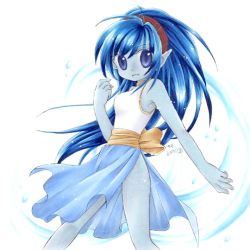 Rule 34 | 00s, 1girl, blue eyes, blue hair, blue skin, celsius, celsius (tales), chibi, colored skin, dress, long hair, matching hair/eyes, ribbon, simple background, solo, tales of (series), tales of eternia, white background
