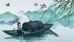 Rule 34 | 1girl, absurdres, ahoge, bird, black hair, black skirt, boat, book, braid, branch, brown eyes, china dress, chinese clothes, closed mouth, commentary, day, dress, green theme, grey sky, hair ornament, hairband, highres, holding, holding umbrella, jamjar77, landscape, lantern, mountain, oar, oil-paper umbrella, outdoors, rain, reflection, sitting, skirt, sky, smile, umbrella, vocaloid, vocanese, water, watercraft, yuezheng ling