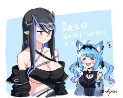 Rule 34 | +++, 2girls, ahoge, animal ear fluff, animal ear piercing, animal ears, bandeau, belt, black bandeau, black bow, black bowtie, black dress, black hair, black jacket, blue belt, blue hair, blue jacket, blush, bow, bowtie, breasts, brown eyes, chest belt, cleavage, cleavage cutout, closed eyes, closed mouth, clothing cutout, commentary request, curled horns, demon girl, demon horns, dog ears, dress, earrings, expressionless, grey horns, hair between eyes, hair bow, hebiyoi tier, hebiyoi tier (1st costume), horns, jacket, jewelry, large breasts, long bangs, long hair, long sleeves, looking to the side, low twintails, medium bangs, miyabe makoto, multicolored hair, multiple girls, nanashi inc., off shoulder, open clothes, open jacket, open mouth, pointy ears, sidelocks, sleeveless, sleeveless dress, smile, souya ichika, souya ichika (6th costume), translation request, twintails, two-tone background, two-tone hair, upper body, virtual youtuber, white background
