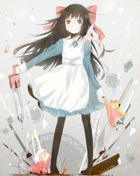 Rule 34 | 1girl, absurdres, aya drevis, black hair, blood, blue eyes, bow, rabbit, chainsaw, doll, hair bow, highres, hiite-usagi, letter, long hair, mad father, pantyhose, smile, snowball (mad father), solo, weapon