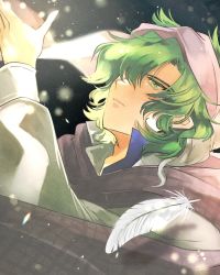 Rule 34 | 1boy, artist request, bandana, feathers, fire emblem, fire emblem: genealogy of the holy war, green eyes, green hair, hair over one eye, hand up, highres, lewyn (fire emblem), light particles, light rays, long hair, looking up, male focus, messy hair, nintendo, portrait, scarf, solo, wavy hair