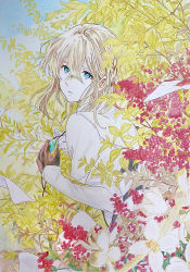 Rule 34 | 1girl, absurdres, black gloves, blonde hair, blue eyes, blue sky, braid, colored pencil (medium), dogwood (flower), flower, from side, gem, gloves, highres, holding, holding jewelry, holding necklace, jewelry, leaf, looking at viewer, necklace, outdoors, parted lips, red ribbon, ribbon, short hair, sky, solo, traditional media, violet evergarden, violet evergarden (series), weekly sato, white flower