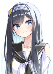 Rule 34 | 1girl, black hair, black sailor collar, blue eyes, blue hairband, blush, closed mouth, clothing cutout, collarbone, commentary request, dress, hair between eyes, hairband, highres, long hair, looking at viewer, mahoutsukai rose no sado life, ominaeshi (takenoko), rose (mahoutsukai rose no sado life), sailor collar, sailor dress, shoulder cutout, simple background, smile, solo, upper body, white background, white dress