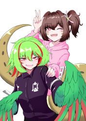 Rule 34 | 2girls, absurdres, bags under eyes, black shirt, blouse, brown hair, commentary request, feathers, green feathers, green hair, green wings, hair between eyes, harpy, highres, hood, hoodie, lamia, monster girl, multiple girls, nail polish, one eye closed, open mouth, original, pink hoodie, pink nails, red eyes, red feathers, red hair, red wings, shirt, short hair, side ponytail, simple background, togenomaru, two-tone wings, v, white background, winged arms, wings, zipper pull tab