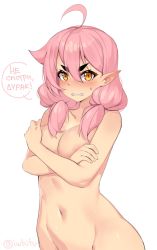 Rule 34 | 1girl, ahoge, areola slip, blush, breasts, clenched teeth, collarbone, commentary, completely nude, copyright request, covering privates, covering breasts, crossed arms, english commentary, gift art, groin, hair between eyes, highres, iwbitu, large breasts, long hair, navel, nude, orange eyes, pink hair, pointy ears, russian text, sharp teeth, simple background, solo, stomach, sweatdrop, teeth, thick eyebrows, translated, upper body, v-shaped eyebrows, white background
