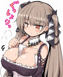 Rule 34 | 1girl, azur lane, bare shoulders, between breasts, blush, breasts, brown eyes, brown hair, cleavage, detached collar, dress, formidable (azur lane), hair ribbon, large breasts, nail polish, ribbon, solo, sweat, tsuzuri (tuzuri), twintails, upper body