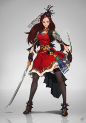 Rule 34 | 1girl, absurdres, ankle boots, black thighhighs, blue eyes, boots, breasts, brown hair, dae jun park, dagger, dress, dual wielding, feather hair ornament, feathers, full body, gloves, hair ornament, hat, high heels, highres, holding, holding sword, holding weapon, knife, knight, leather, leather gloves, long hair, looking at viewer, medium breasts, mini hat, original, red dress, sash, solo, standing, sword, thighhighs, veil, weapon