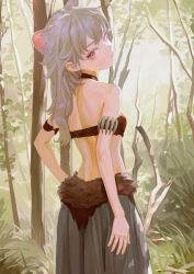 Rule 34 | 1girl, animal ear fluff, animal ears, back, closed mouth, cowboy shot, crop top, day, feiqizi (fkey), fkey, forest, from behind, grey hair, grey skirt, highres, long hair, looking at viewer, looking back, nature, original, outdoors, pink eyes, skirt, solo, standing, tree