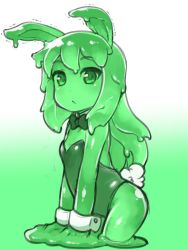 Rule 34 | 1girl, animal ears, bad id, bad twitter id, bare shoulders, bow, bowtie, breasts, closed mouth, colored sclera, cowboy shot, detached collar, fake animal ears, fukurou (owl222), gradient background, green background, green eyes, green hair, green sclera, green theme, inactive account, leotard, looking at viewer, monochrome, monster girl, original, playboy bunny, rabbit ears, rabbit girl, slime girl, small breasts, solo, trembling, wrist cuffs