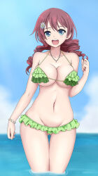 Rule 34 | 1girl, bare shoulders, bikini, blue eyes, blush, breasts, brown hair, cleavage, cloud, elhddmois, emma verde, flower, freckles, gluteal fold, green bikini, hair flower, hair ornament, highres, jewelry, large breasts, long hair, looking at viewer, love live!, love live! nijigasaki high school idol club, navel, necklace, ocean, open mouth, outdoors, sky, smile, solo, standing, swimsuit, wading, water