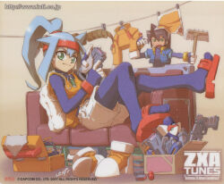 Rule 34 | 1boy, 1girl, 2007, ashe (mega man), belt, black bodysuit, bodysuit, book, boots, brown hair, capcom, closed mouth, clothesline, copyright name, copyright notice, couch, cropped jacket, cushion, energy gun, gloves, green eyes, gun, headband, holding, holding gun, holding weapon, indoors, inti creates, jacket, listening to music, long hair, looking at viewer, lying, mega man (series), mega man zx, mega man zx advent, model a (mega man), mop, official art, on couch, open mouth, polishing, ponytail, red headband, sandals, shorts, smile, sweatdrop, toolbox, unworn belt, unworn boots, unworn jacket, vent (mega man), watermark, weapon, web address, yabe makoto