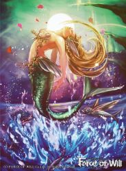 Rule 34 | 1girl, bare shoulders, blonde hair, closed eyes, copyright name, day, fins, fish, force of will, hair ornament, head fins, long hair, mermaid, midriff, monster girl, official art, petals, sky, solo, sun, water