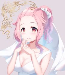 Rule 34 | 1girl, alternate hairstyle, blush, breasts, cleavage, collarbone, commentary request, demekingyo, dress, etra-chan wa mita!, forehead, grey background, large breasts, looking at viewer, own hands together, pink hair, ponytail, red eyes, simple background, smile, solo, upper body, wedding dress, yuri (etra-chan wa mita!)
