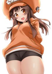 Rule 34 | 1girl, arms behind back, bike shorts, blush, breasts, brown hair, commentary request, guilty gear, guilty gear strive, hat, highres, hood, hood down, hoodie, kibihimi, long hair, may (guilty gear), medium breasts, orange eyes, orange hat, orange hoodie, smile, solo, thighs, white background