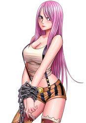 Rule 34 | 1girl, breasts, chain, cleavage, crimson, female focus, jewelry bonney, lipstick, long hair, makeup, one piece, pink hair, purple eyes, solo, white background