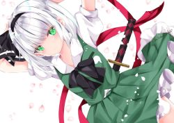Rule 34 | 1girl, arms behind head, bad id, bad twitter id, black bow, black bowtie, black hairband, bow, bowtie, cherry blossoms, closed mouth, dutch angle, green eyes, green skirt, green vest, hairband, konpaku youmu, looking at viewer, nanase nao, puffy short sleeves, puffy sleeves, shirt, short hair, short sleeves, silver hair, skirt, solo, standing, sword, sword behind back, touhou, vest, weapon, white background, white shirt