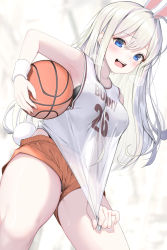Rule 34 | 1girl, :d, absurdres, animal ears, ball, basketball, basketball (object), basketball jersey, black leotard, blue eyes, blurry, blurry background, breasts, brown shorts, carrying, carrying under arm, clothes writing, collarbone, commentary, dduck kong, depth of field, english commentary, english text, hair between eyes, heavy breathing, highres, leotard, leotard under clothes, long hair, looking at viewer, medium breasts, open mouth, original, playboy bunny, rabbit ears, see-through, short shorts, shorts, smile, solo, strapless, strapless leotard, sweatband, tank top, thighs, very long hair, white hair, white tank top, wristband