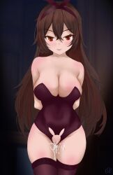 Rule 34 | 1girl, absurdres, aftersex, alternate breast size, amber (genshin impact), animal ears, arms behind back, bare shoulders, blush, breasts, brown hair, cleavage, collarbone, cum, cum in pussy, cumdrip, daawnu, female focus, fishnets, genshin impact, hair between eyes, hairband, highres, huge filesize, large breasts, leotard, long hair, looking at viewer, playboy bunny, pussy, pussy juice, rabbit ears, self-upload, smile, solo, standing, strapless, strapless leotard, thighhighs