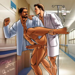 Rule 34 | 2boys, abs, against wall, anal, ass juice, bara, barefoot, bottomless, brown hair, character request, erection, highres, hospital, leg lift, male focus, male penetrated, multiple boys, muscular, penis, resident evil, sex, short hair, smile, yaoi