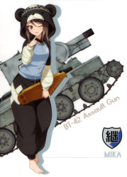 Rule 34 | 10s, 1girl, ;), absurdres, animal costume, animal hood, brown eyes, brown hair, bt-42, character name, full body, girls und panzer, hair between eyes, highres, holding, holding instrument, hood, instrument, long hair, looking at viewer, mika (girls und panzer), military, military vehicle, motor vehicle, one eye closed, smile, solo, standing, tank, white background
