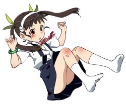 Rule 34 | 1girl, :o, ass, bandaid, bandaid on knee, bandaid on leg, blue skirt, blush, bolo tie, bow, brown hair, collared shirt, dress shirt, flat chest, full body, green bow, green bracelet, hachikuji mayoi, hair bow, hairband, hands up, itoma mahimahi, long hair, looking down, midair, monogatari (series), necktie, no panties, no shoes, open mouth, red eyes, red necktie, shirt, shirt tucked in, short bangs, short sleeves, sidelocks, simple background, skirt, socks, solo, straight hair, suspender skirt, suspenders, twintails, white background, white hairband, white shirt, white socks