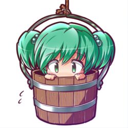 Rule 34 | 1girl, bucket, chibi, commentary request, green eyes, green hair, hair bobbles, hair ornament, in bucket, in container, kisume, lowres, rope, ryogo, solo, touhou, twintails, wooden bucket