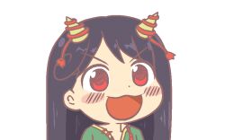 Rule 34 | 1girl, anonymous (japanese), black hair, blush, green shirt, gyate gyate, horns, jaggy lines, long hair, nippaku zanmu, oni horns, open mouth, portrait, red eyes, shirt, smile, solo, touhou, transparent background, unfinished dream of all living ghost