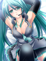 Rule 34 | 1girl, aqua eyes, aqua hair, armpits, arms up, between breasts, blush, breasts, cleavage, detached sleeves, covered erect nipples, female focus, hatsune miku, headset, long hair, lying, necktie, reiha (penetrate), skirt, solo, thighhighs, twintails, very long hair, vocaloid