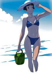 Rule 34 | 1girl, absurdres, bikini, black eyes, black hair, blue bikini, blue sky, breasts, bucket, cloud, collarbone, commentary request, day, feet out of frame, gradient sky, hat, highres, lisa (ponyo), looking to the side, md5 mismatch, navel, ocean, original, outdoors, resolution mismatch, short hair, sky, small breasts, solo, source larger, standing, straw hat, swimsuit, tombiiwa