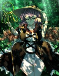Rule 34 | 1girl, absurdres, ajirogasa, black dress, breasts, brown hair, brown hat, closed mouth, cross-laced clothes, curly hair, dappled sunlight, dress, forest, hair between eyes, hand on headwear, hat, highres, hijiri byakuren, holding, holding staff, large breasts, layered dress, long hair, looking at viewer, nature, outdoors, purple hair, shade, short sleeves, sitting, smile, solo, staff, sunlight, sunnysideup, thighs, touhou, very long hair, white dress