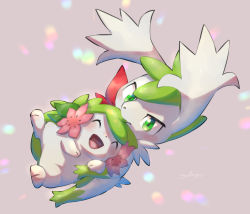 Rule 34 | :d, blush, commentary request, creatures (company), dual persona, closed eyes, flower, game freak, gen 4 pokemon, green eyes, grey background, highres, legendary pokemon, mythical pokemon, nintendo, no humans, nullma, open mouth, pink flower, pokemon, pokemon (creature), shaymin, shaymin (land), shaymin (sky), smile, toes, tongue, |d