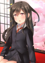 Rule 34 | 1girl, :d, bad id, bad pixiv id, black jacket, black skirt, blazer, cherry blossoms, collared shirt, comiket 93, commentary request, dress shirt, hatsushimo (kancolle), jacket, juurouta, kantai collection, long hair, long sleeves, looking at viewer, miniskirt, necktie, open mouth, petals, pleated skirt, red necktie, shirt, sitting, skirt, smile, solo, tree, white shirt, wing collar
