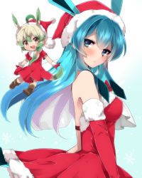 Rule 34 | 2girls, ahoge, animal ears, bare shoulders, blue eyes, blue hair, blush, brown eyes, chibi, christmas, creatures (company), elbow gloves, flying, game freak, gen 4 pokemon, glaceon, gloves, green hair, hat, highres, leafeon, light purple hair, long hair, multicolored hair, multiple girls, nintendo, open mouth, personification, pokemon, red gloves, santa costume, santa hat, tail, zinpati