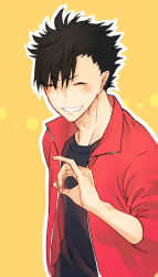 Rule 34 | 1boy, black hair, black shirt, blush, closed eyes, haikyuu!!, jacket, kuroo tetsurou, male focus, namo, open clothes, open jacket, open mouth, pinky out, red jacket, shirt, short hair, simple background, smile, solo, upper body, yellow background