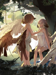 Rule 34 | 2girls, :o, absurdres, bare shoulders, blurry, blush, bush, demon horns, depth of field, dress, feathered wings, ghostas, highres, horns, low wings, multiple girls, open mouth, original, outdoors, plant, pond, sketch, sleeveless, sleeveless dress, standing, sundress, tree, vines, wading, water, wetland, wings